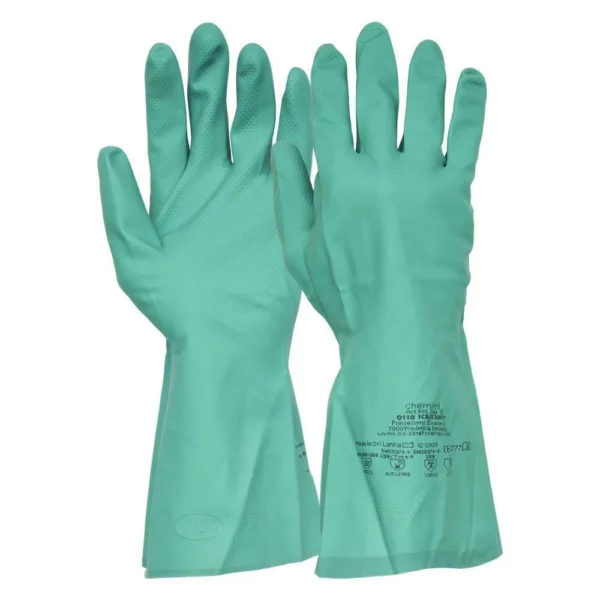 WorkLife Chemitril Größe: 7-11, Grüner Nitrilhandschuh , 0,38 mm stark , 33 cm lang , innen velorisiert, das Gitterprofil sorgt für einen guten Grip, Kategorie 3, Typ A
